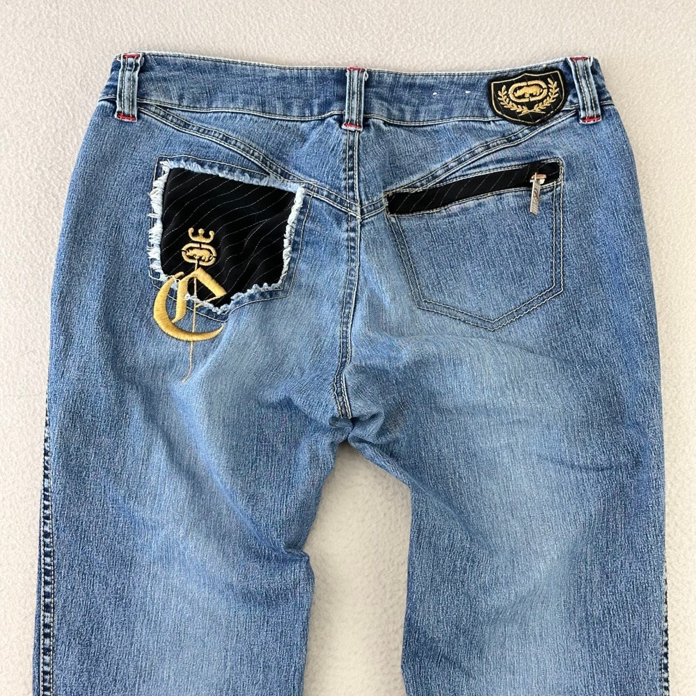 VTG‎ Ecko Red Distressed Flare Jeans Womens 9 Blue Y2K Embroidered Low Rise Boot